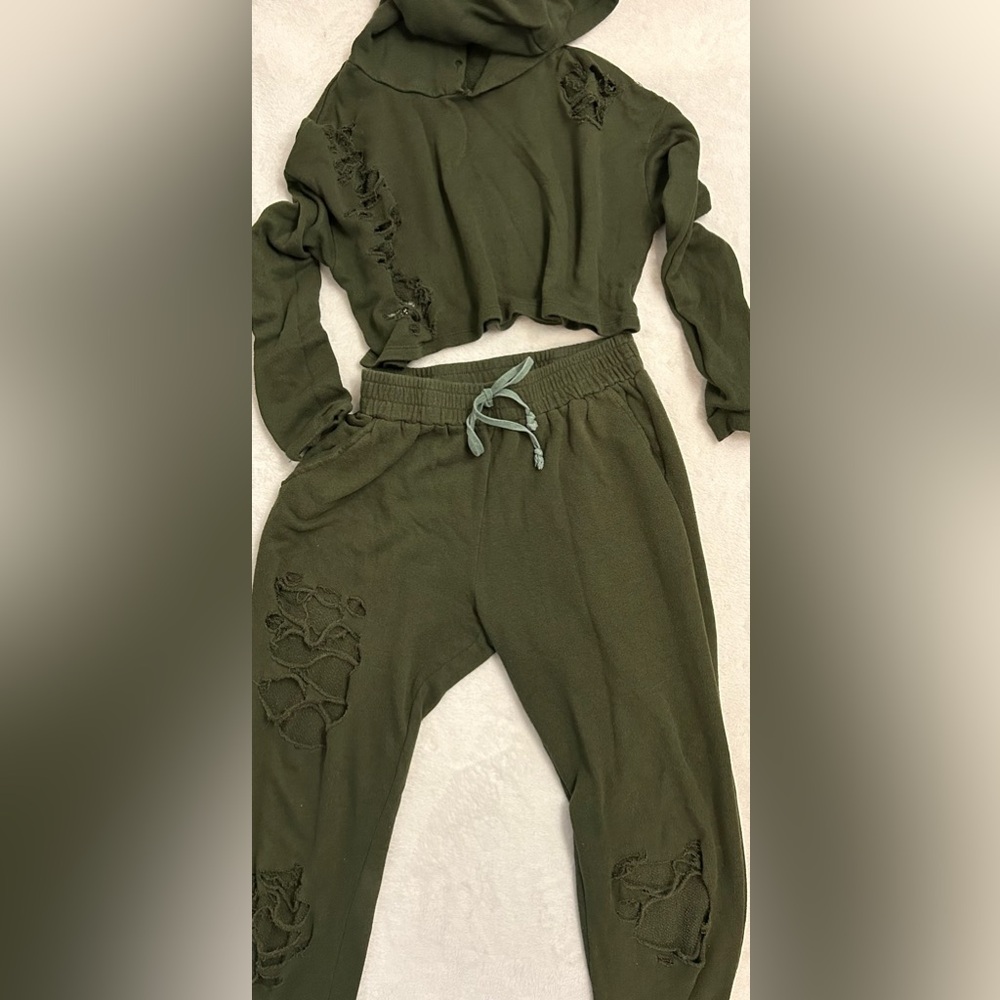Fashion Nova Olive Green Distressed Cropped Hoodie - Picture 6 of 6
